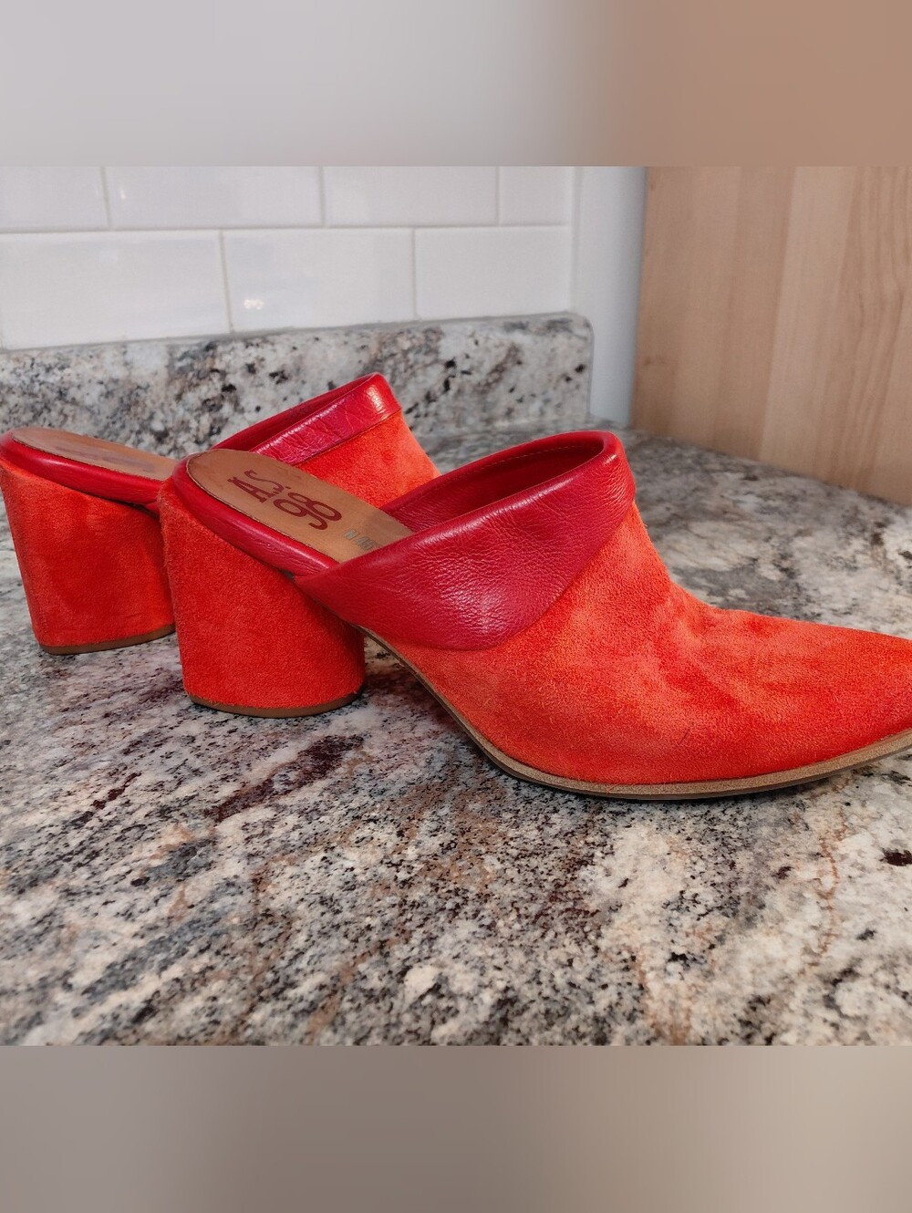 A.S.98 Red Suede Leather Block Heel Mules Clogs